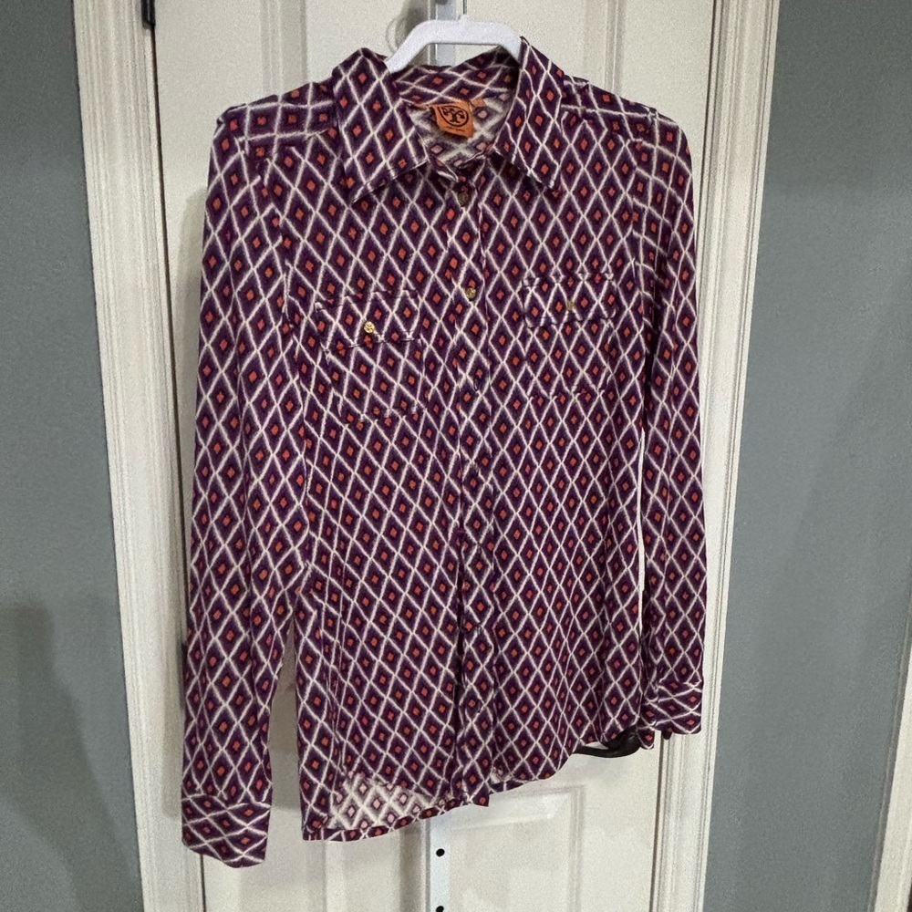 TORY BURCH “Edie” Diamond Print Silk Button Down Blouse Size SMALL - Picture 2 of 5